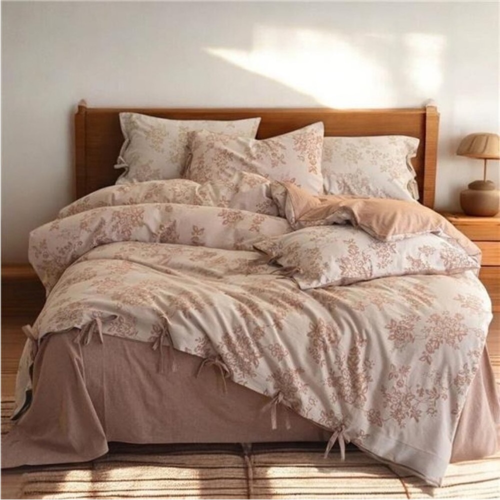 NEW Anthro Pink Floral Jacquard Queen King Linen Cotton Bedding Duvet & Sham Set
